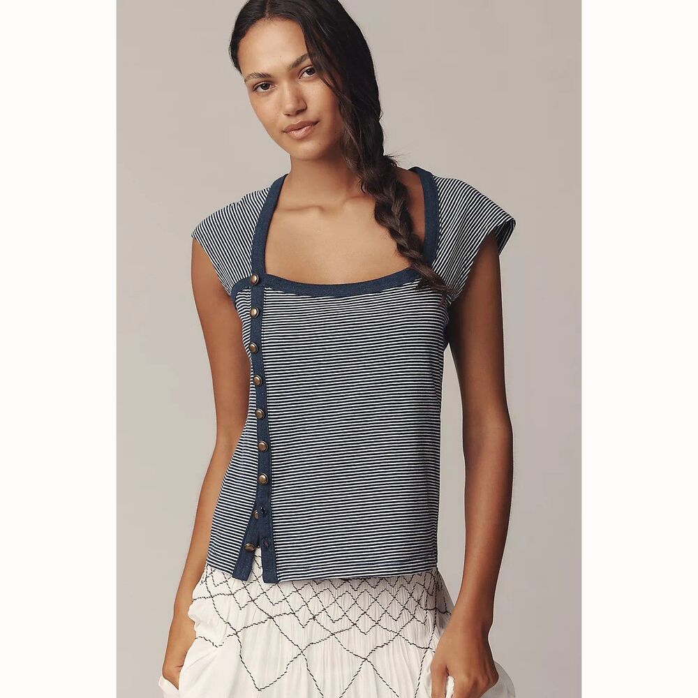 Maeve Anthropologie Short-Sleeve Side-Button Blouse Top Striped Printed M 284161